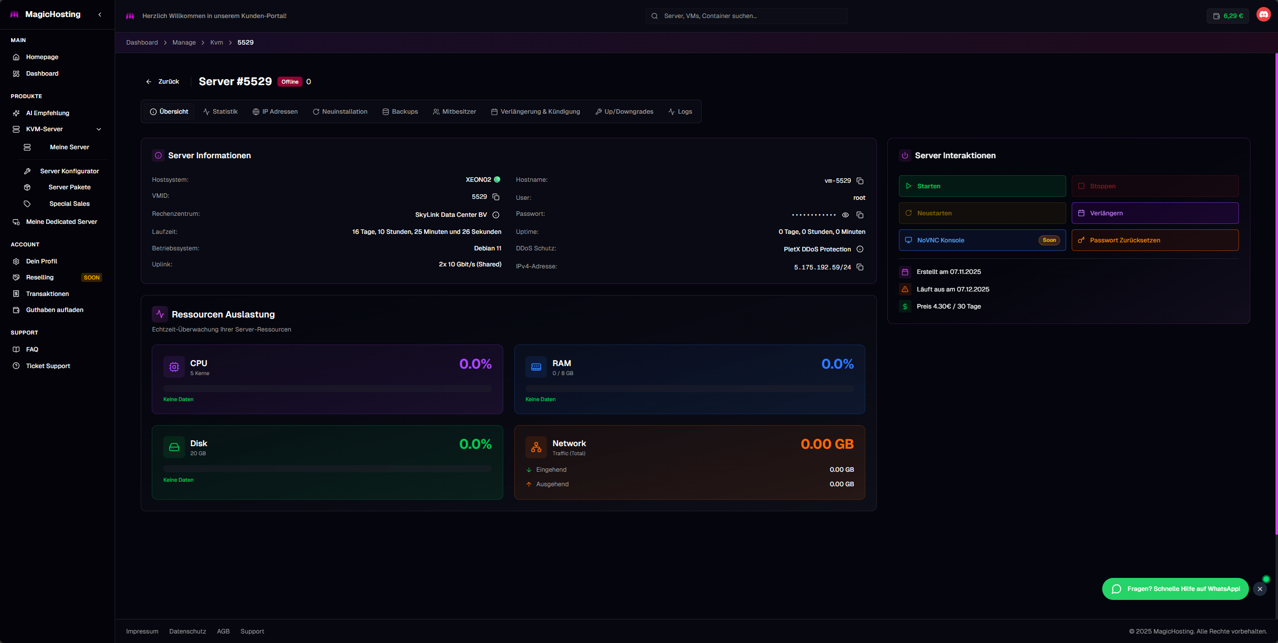 MagicHosting Dashboard Server-Verwaltung